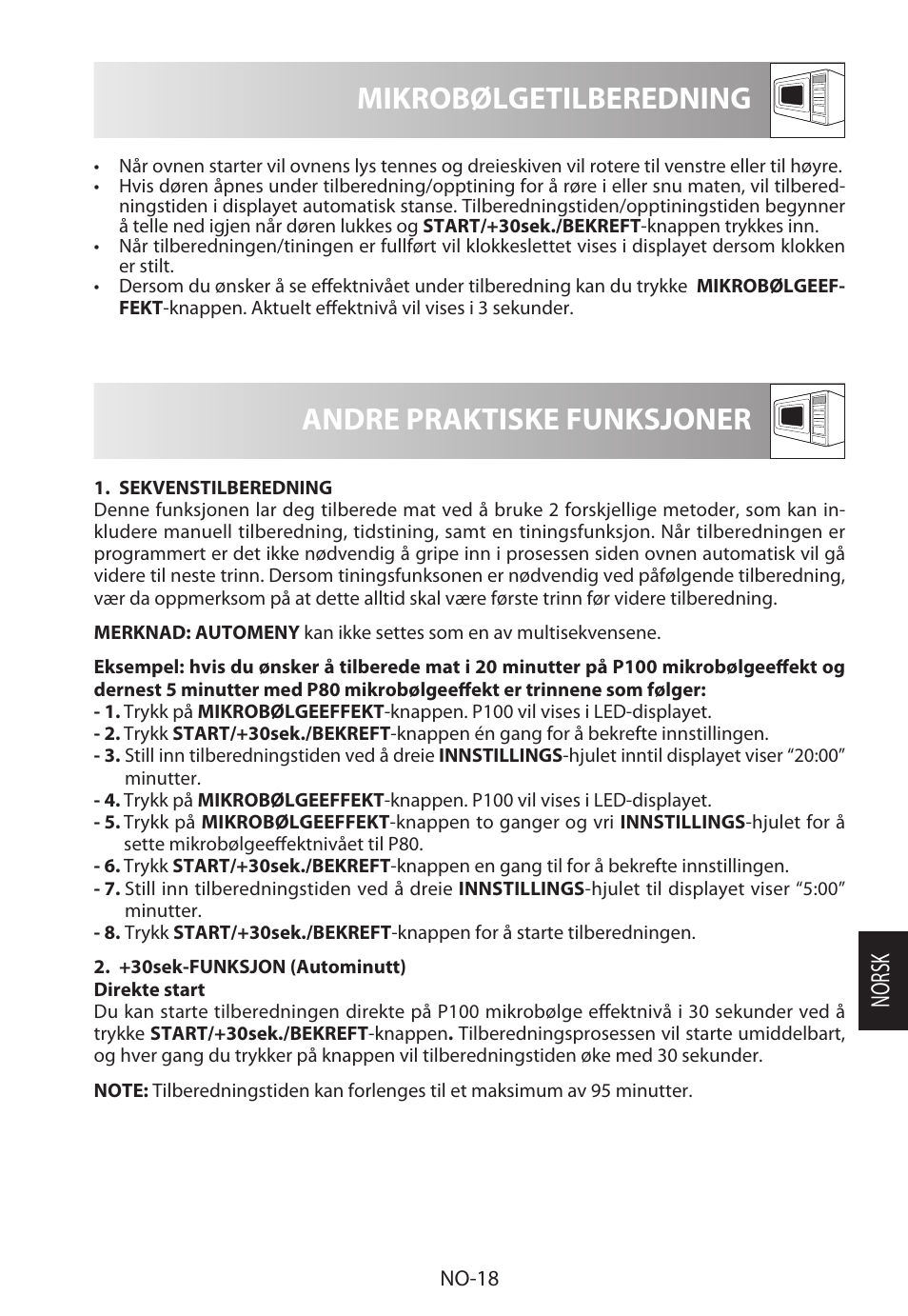 Mikrobølgetilberedning, Andre praktiske funksjoner, Norsk | Sharp R-322STWE Four à micro-ondes solo User Manual | Page 189 / 246