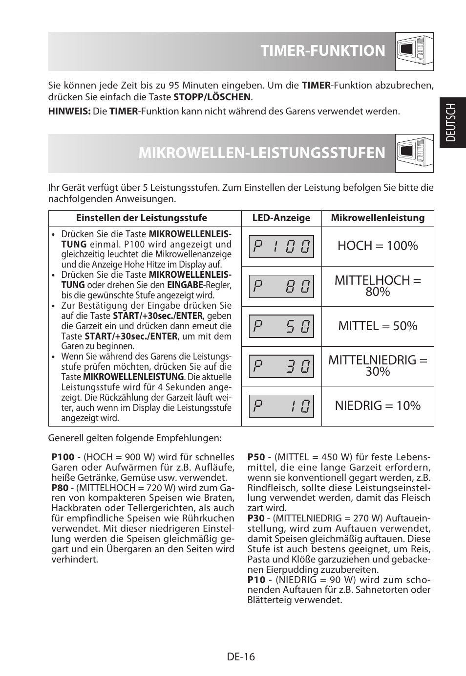 Mikrowellen-leistungsstufen, Timer-funktion, Deutsch | Sharp R-322STWE Four à micro-ondes solo User Manual | Page 19 / 246