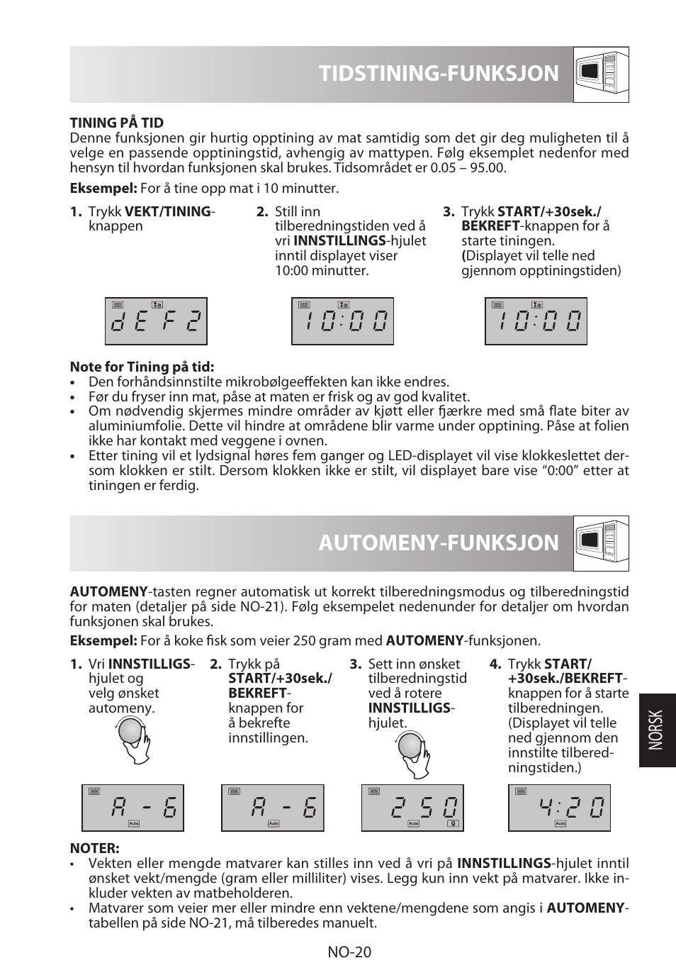 Tidstining-funksjon, Automeny-funksjon, Norsk | Sharp R-322STWE Four à micro-ondes solo User Manual | Page 191 / 246