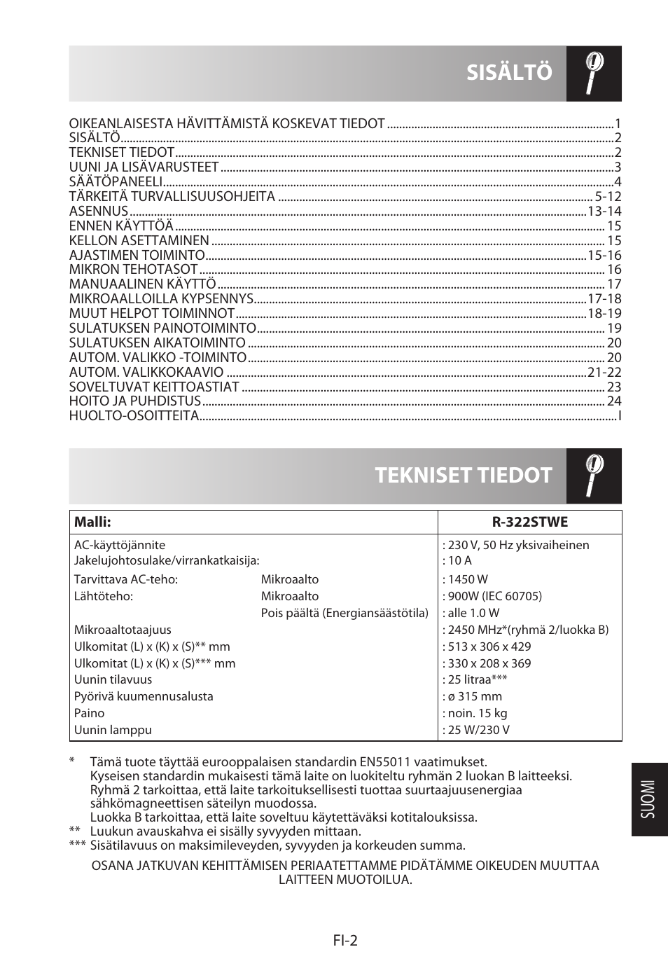 Tekniset tiedot sisältö, Suomi | Sharp R-322STWE Four à micro-ondes solo User Manual | Page 197 / 246