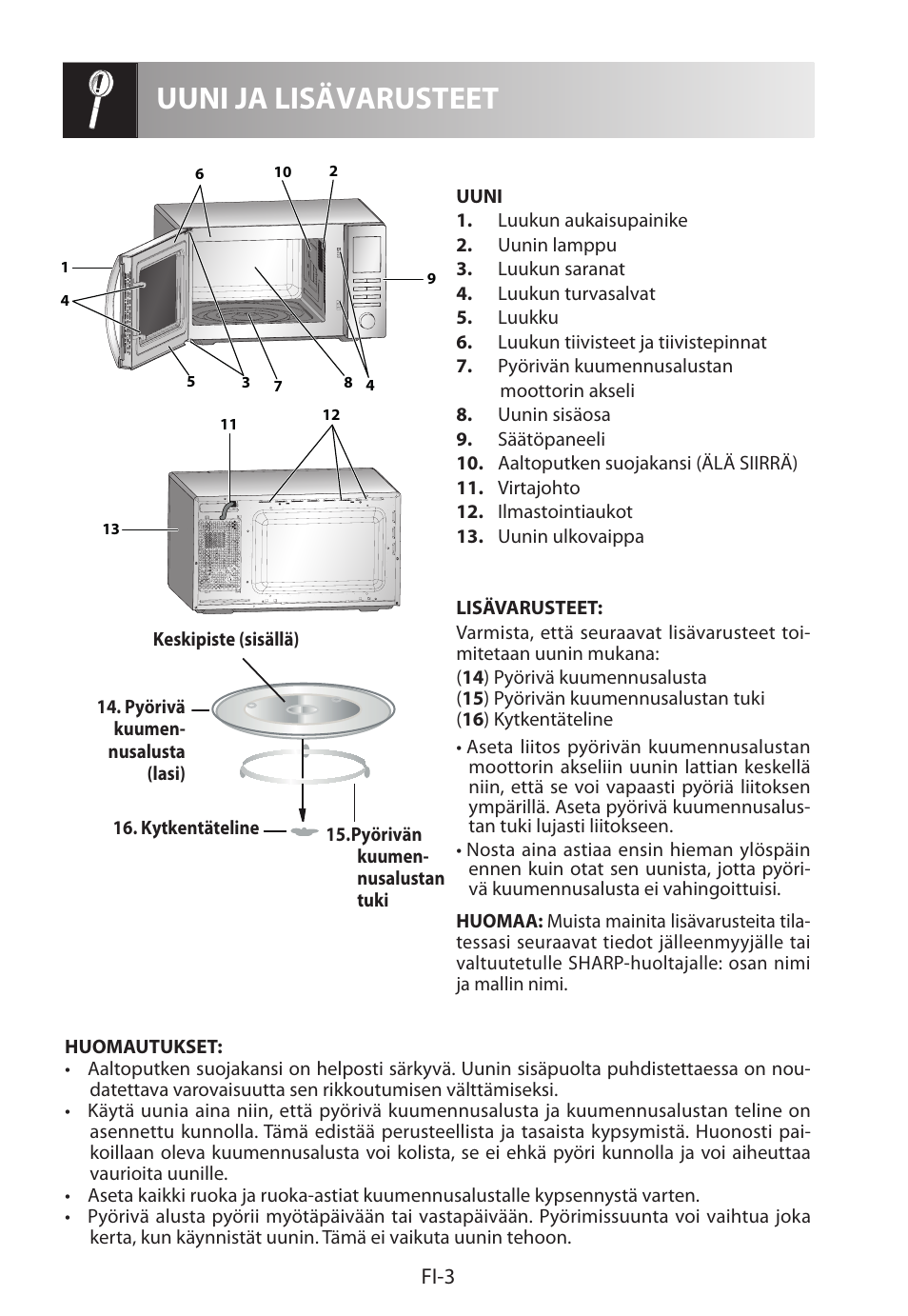 Uuni ja lisävarusteet, Fi-3 | Sharp R-322STWE Four à micro-ondes solo User Manual | Page 198 / 246