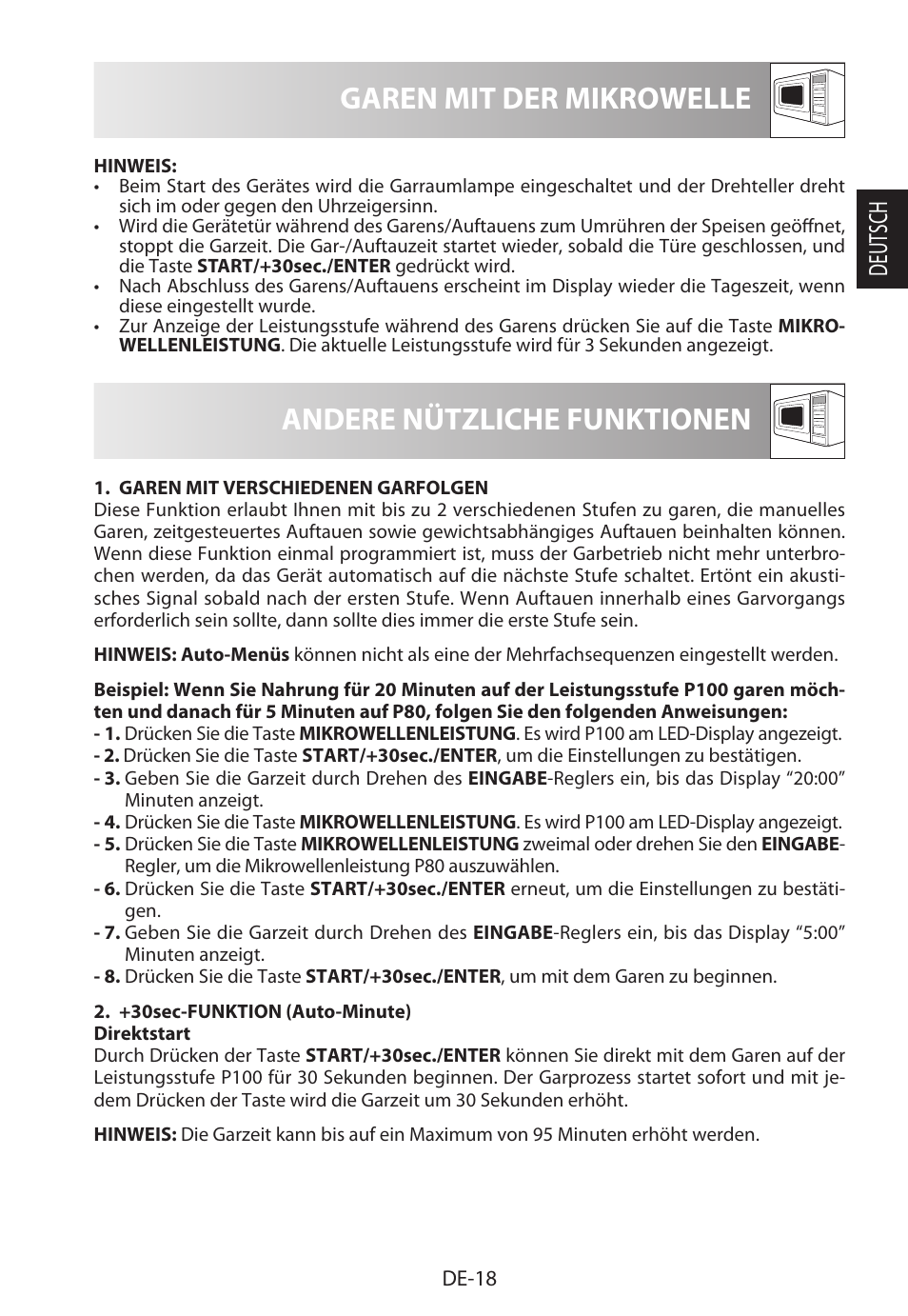 Garen mit der mikrowelle, Andere nützliche funktionen, Deutsch | Sharp R-322STWE Four à micro-ondes solo User Manual | Page 21 / 246