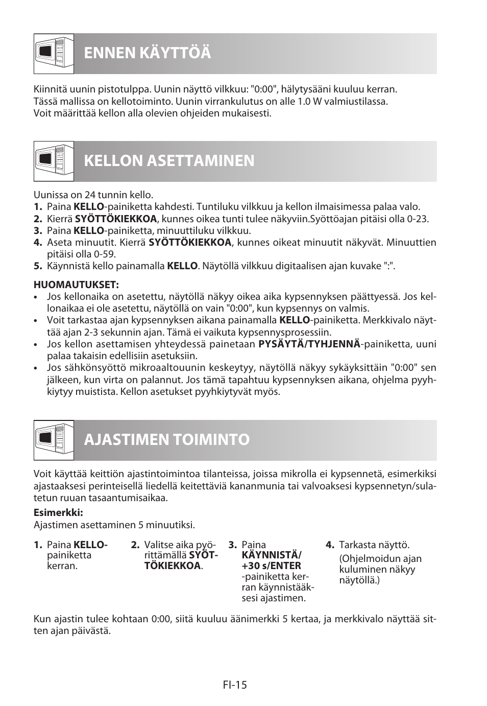 Ennen käyttöä kellon asettaminen, Ajastimen toiminto | Sharp R-322STWE Four à micro-ondes solo User Manual | Page 210 / 246