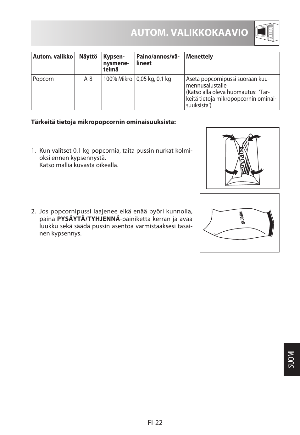 Autom. valikkokaavio, Suomi | Sharp R-322STWE Four à micro-ondes solo User Manual | Page 217 / 246