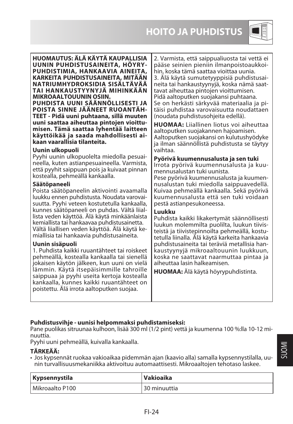 Hoito ja puhdistus, Suomi | Sharp R-322STWE Four à micro-ondes solo User Manual | Page 219 / 246