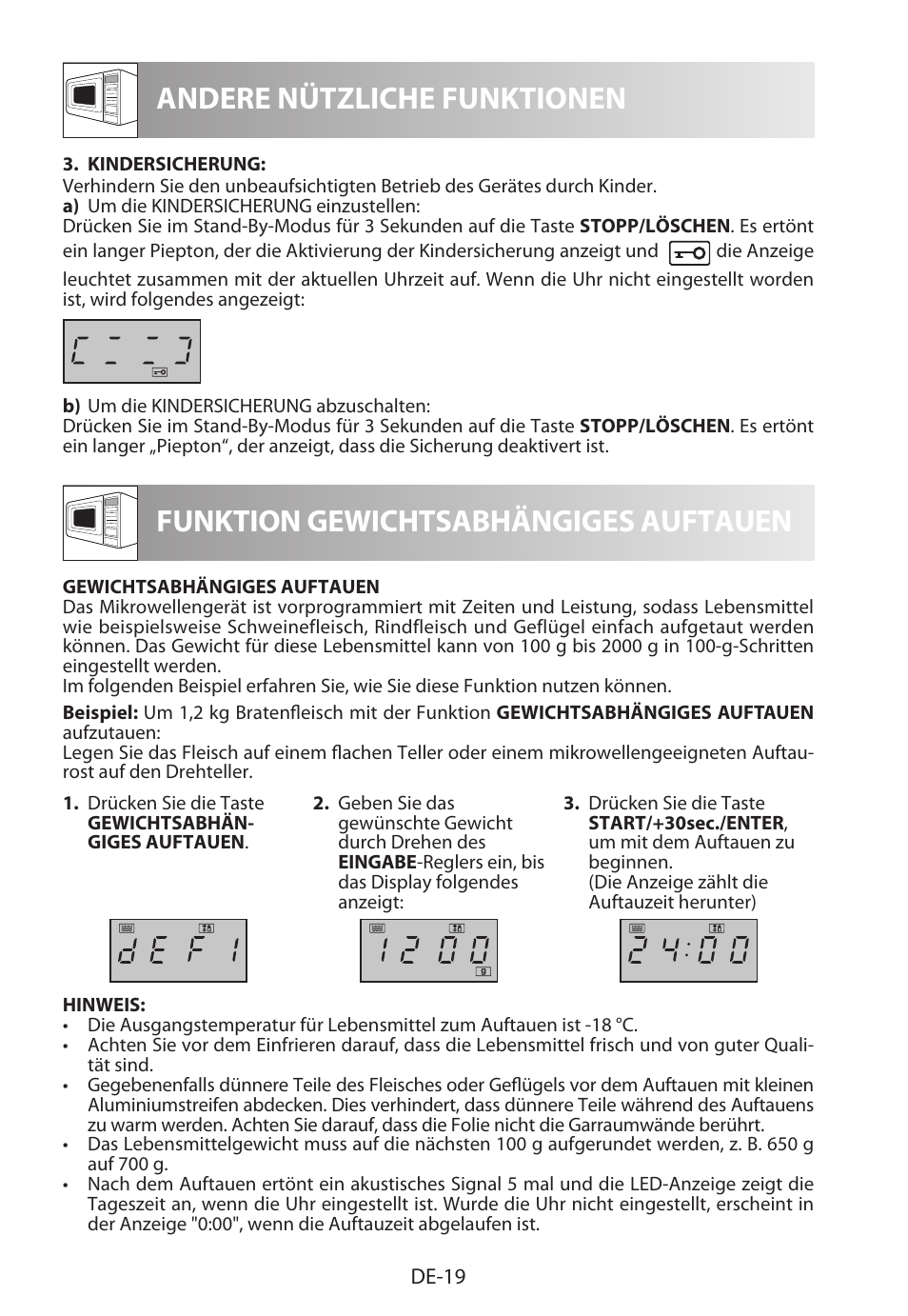 Andere nützliche funktionen, Funktion gewichtsabhängiges auftauen | Sharp R-322STWE Four à micro-ondes solo User Manual | Page 22 / 246