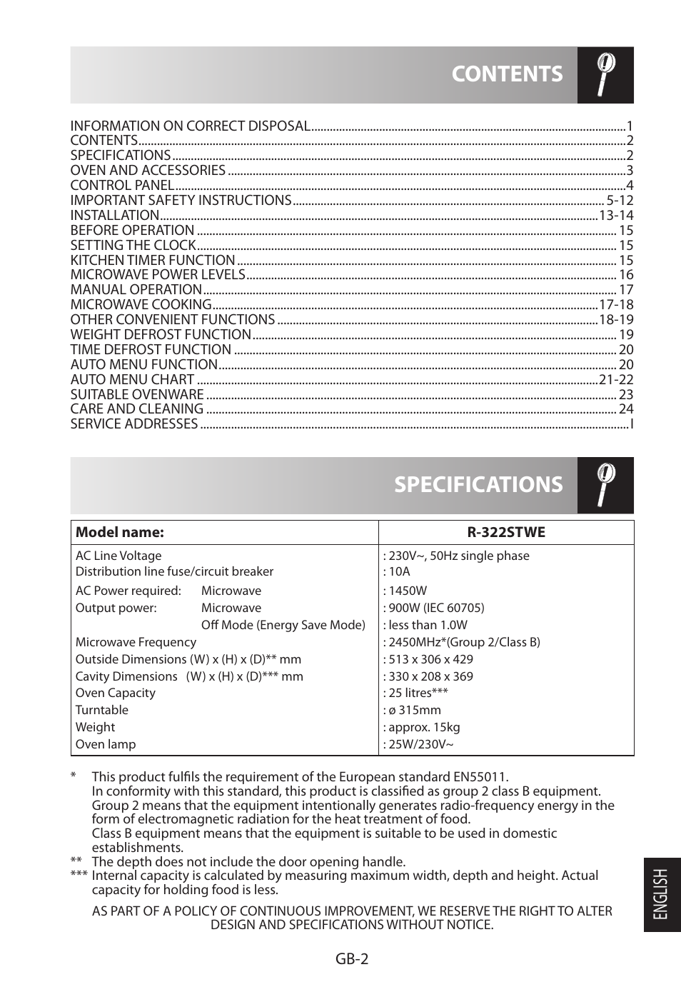 Specifications contents, English, Gb-2 | Sharp R-322STWE Four à micro-ondes solo User Manual | Page 221 / 246