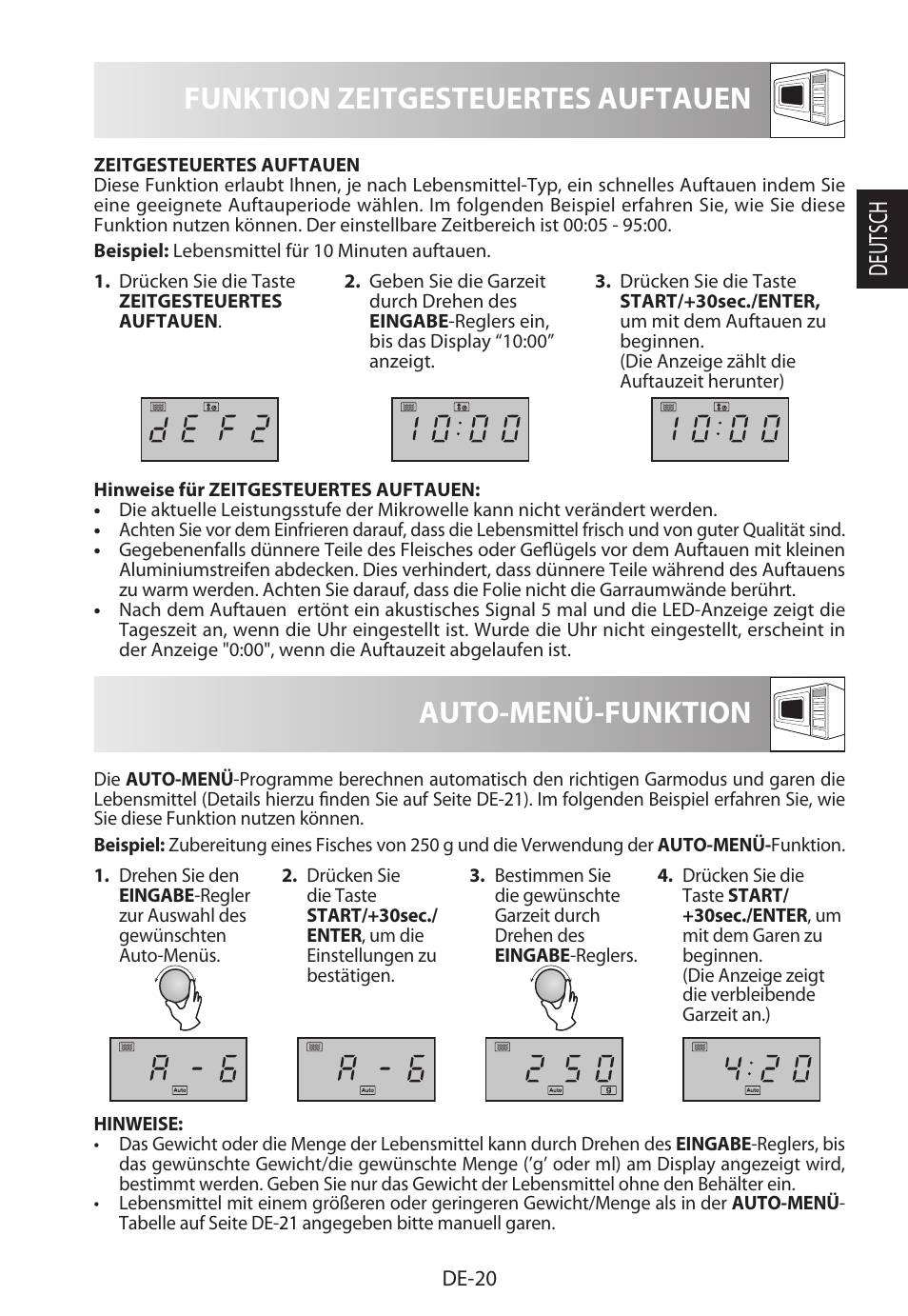 Funktion zeitgesteuertes auftauen, Auto-menü-funktion, Deutsch | Sharp R-322STWE Four à micro-ondes solo User Manual | Page 23 / 246