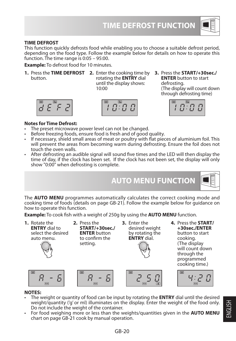 Time defrost function, Auto menu function, English | Sharp R-322STWE Four à micro-ondes solo User Manual | Page 239 / 246