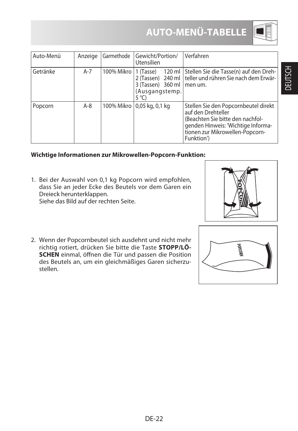 Auto-menü-tabelle, Deutsch | Sharp R-322STWE Four à micro-ondes solo User Manual | Page 25 / 246