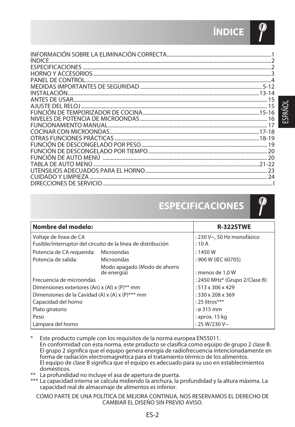 Especificaciones índice, Esp añol | Sharp R-322STWE Four à micro-ondes solo User Manual | Page 29 / 246