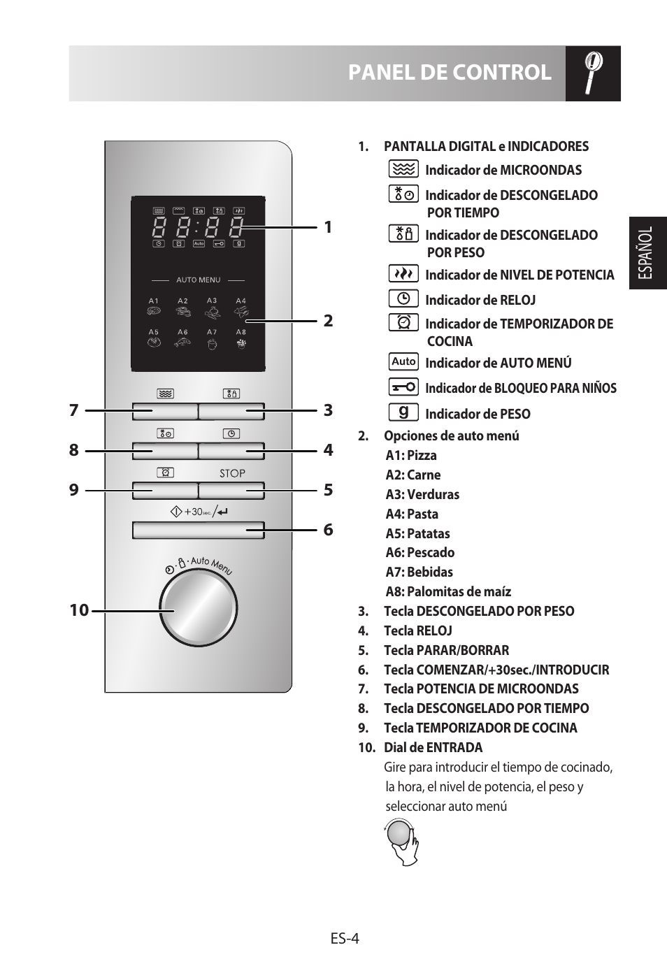 Panel de control, Esp añol | Sharp R-322STWE Four à micro-ondes solo User Manual | Page 31 / 246