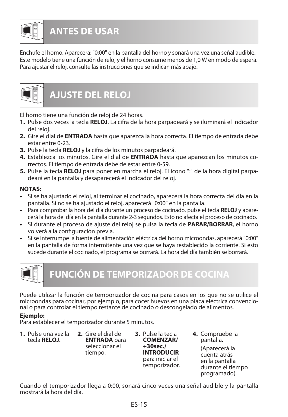 Antes de usar ajuste del reloj, Función de temporizador de cocina | Sharp R-322STWE Four à micro-ondes solo User Manual | Page 42 / 246