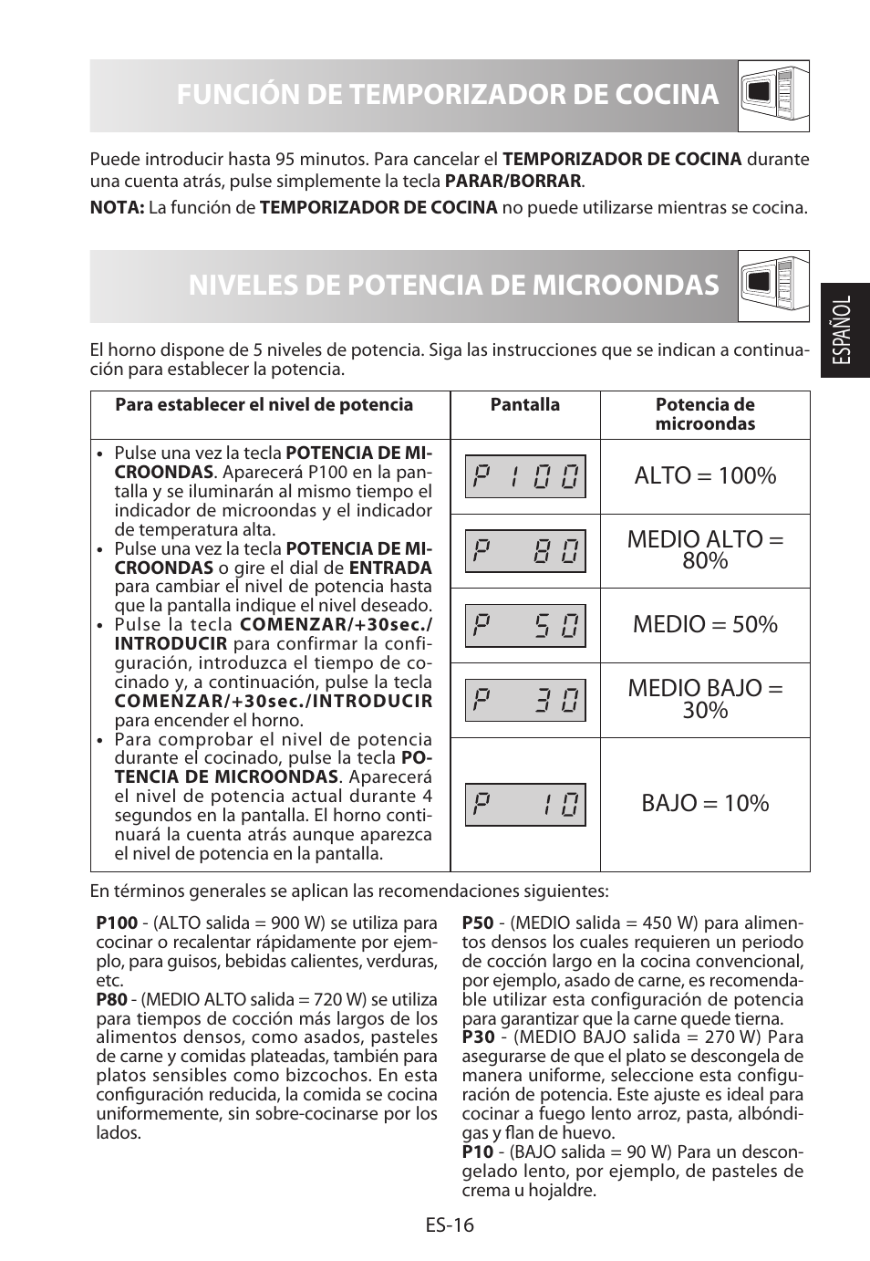 Niveles de potencia de microondas, Función de temporizador de cocina | Sharp R-322STWE Four à micro-ondes solo User Manual | Page 43 / 246