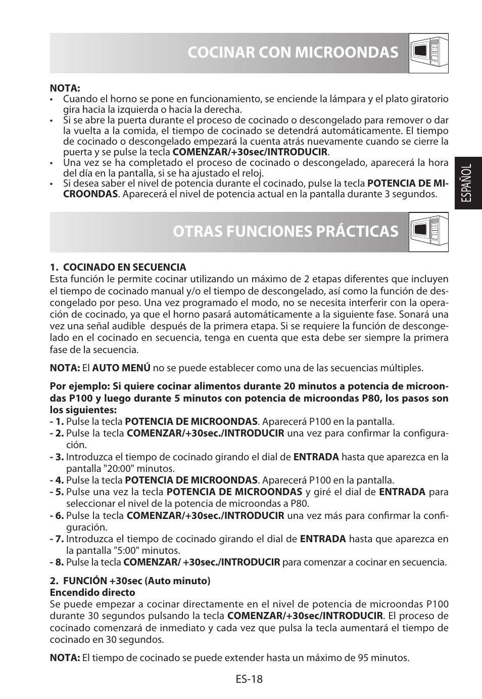 Cocinar con microondas, Otras funciones prácticas, Esp añol | Sharp R-322STWE Four à micro-ondes solo User Manual | Page 45 / 246