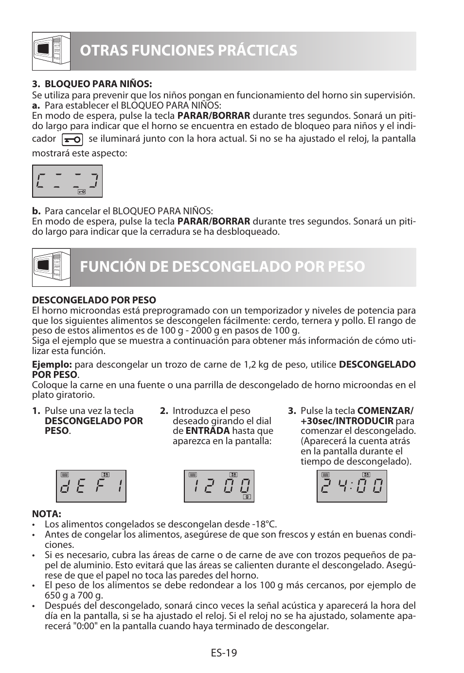 Otras funciones prácticas, Función de descongelado por peso | Sharp R-322STWE Four à micro-ondes solo User Manual | Page 46 / 246