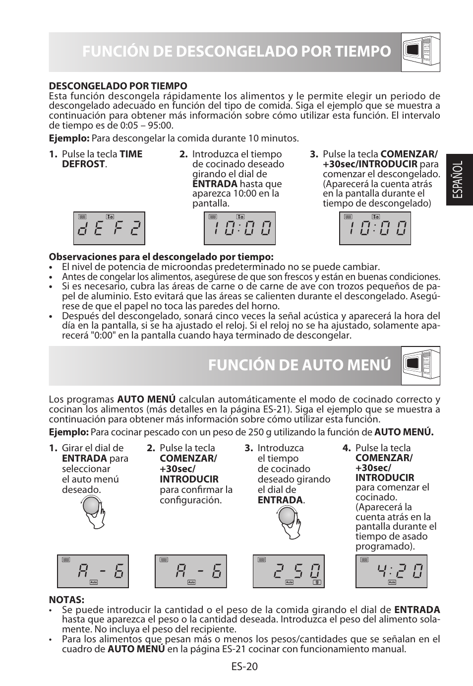 Función de descongelado por tiempo, Función de auto menú, Esp añol | Sharp R-322STWE Four à micro-ondes solo User Manual | Page 47 / 246
