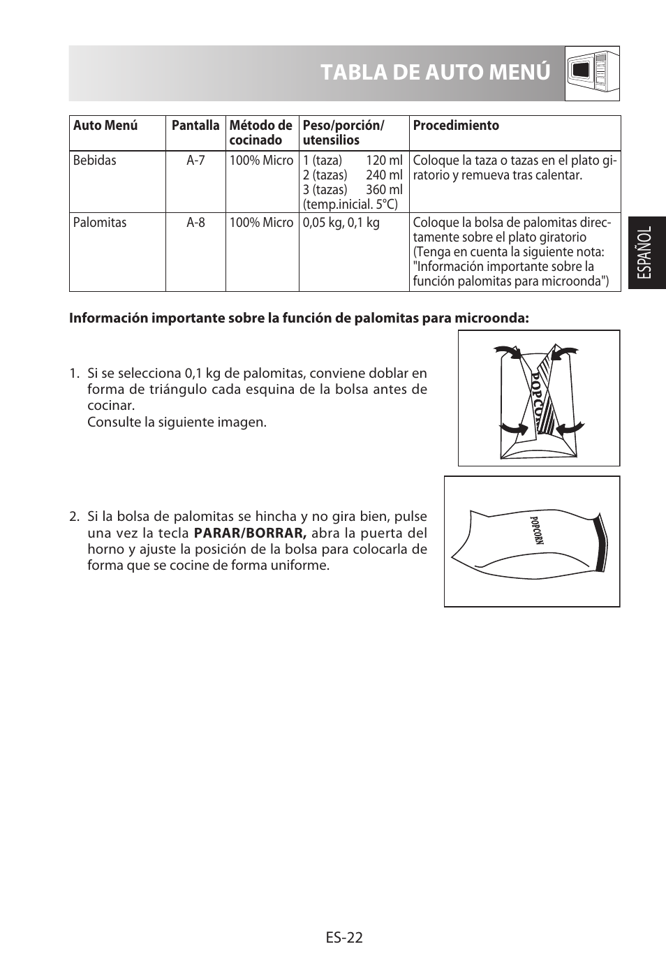 Tabla de auto menú, Esp añol | Sharp R-322STWE Four à micro-ondes solo User Manual | Page 49 / 246