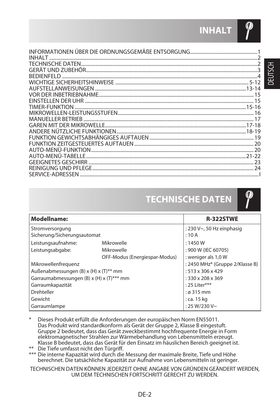 Technische daten inhalt, Deutsch | Sharp R-322STWE Four à micro-ondes solo User Manual | Page 5 / 246