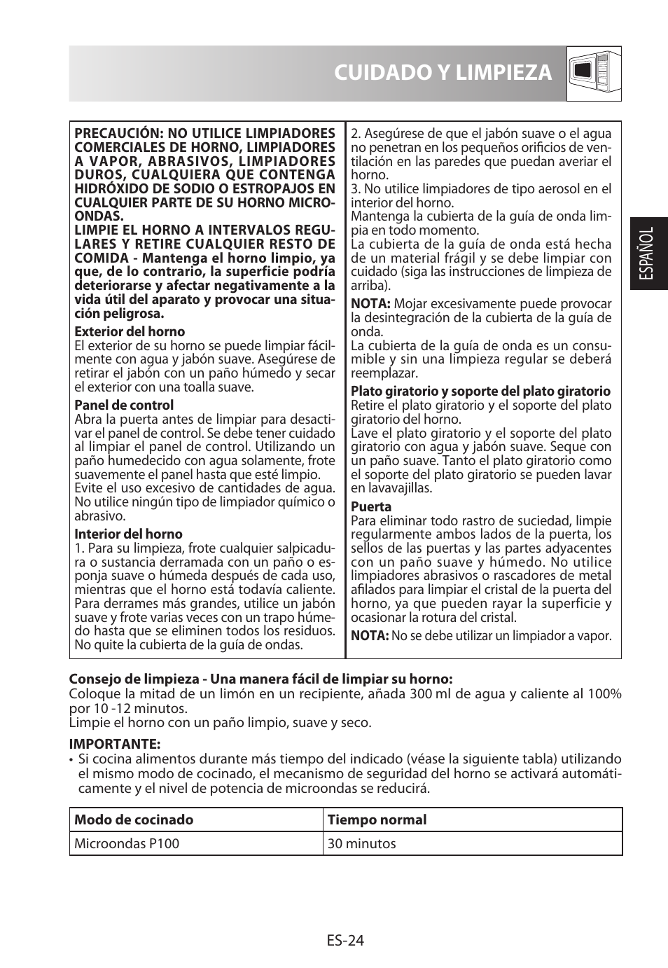 Cuidado y limpieza, Esp añol | Sharp R-322STWE Four à micro-ondes solo User Manual | Page 51 / 246