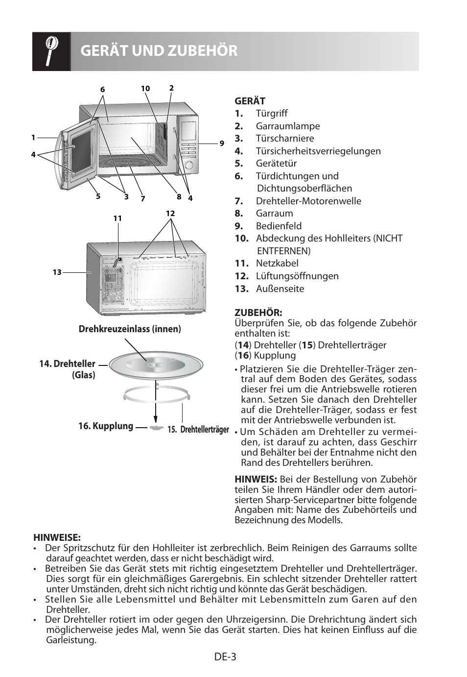 Gerät und zubehör, De-3 | Sharp R-322STWE Four à micro-ondes solo User Manual | Page 6 / 246