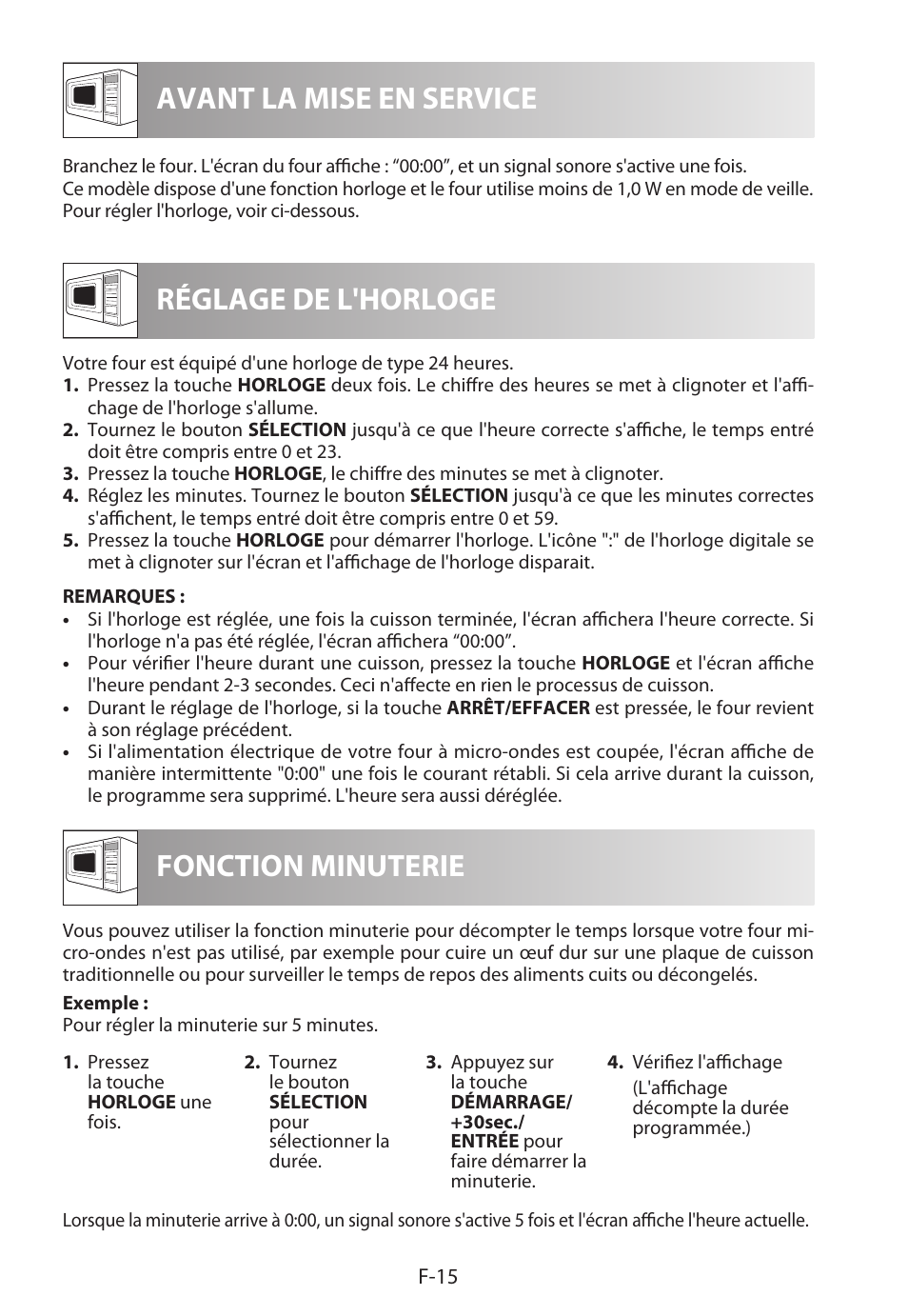 Avant la mise en service réglage de l'horloge, Fonction minuterie | Sharp R-322STWE Four à micro-ondes solo User Manual | Page 66 / 246