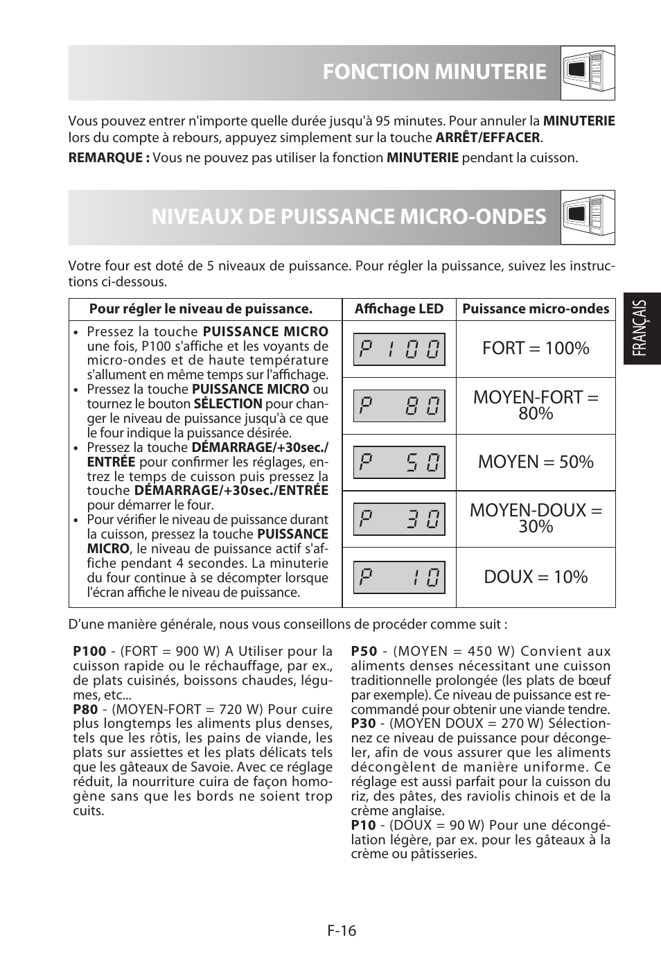 Niveaux de puissance micro-ondes, Fonction minuterie, Français | Sharp R-322STWE Four à micro-ondes solo User Manual | Page 67 / 246
