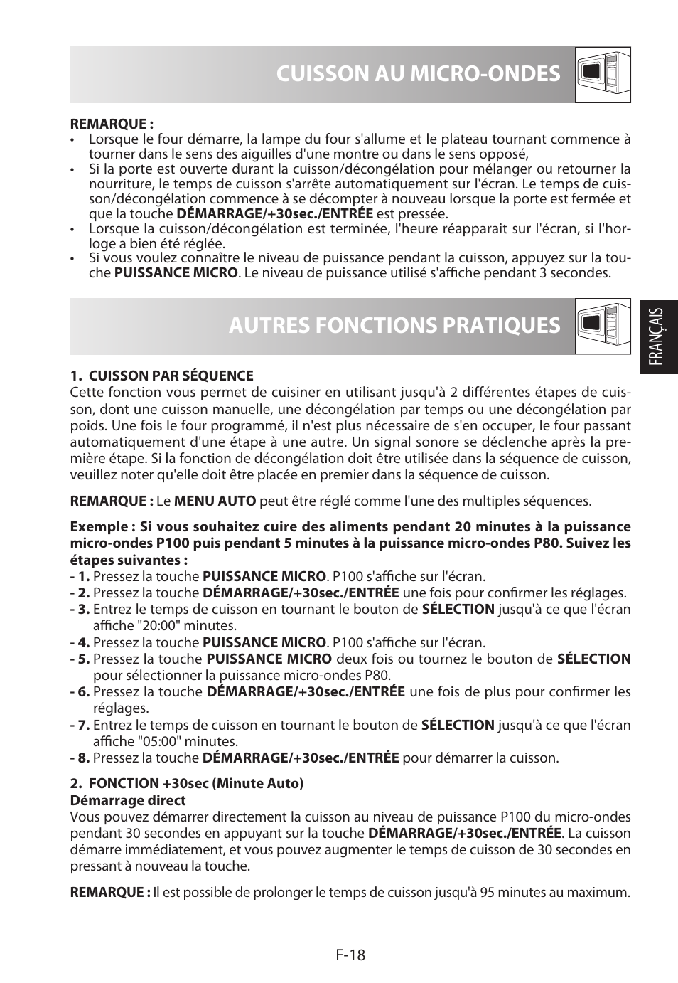 Cuisson au micro-ondes, Autres fonctions pratiques, Français | Sharp R-322STWE Four à micro-ondes solo User Manual | Page 69 / 246