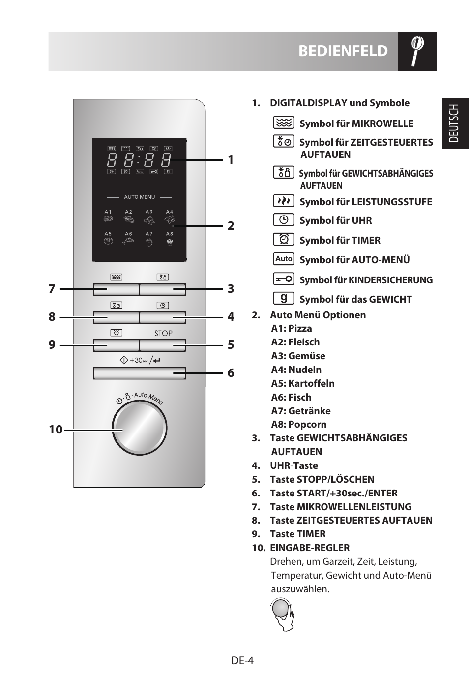 Bedienfeld, Deutsch | Sharp R-322STWE Four à micro-ondes solo User Manual | Page 7 / 246