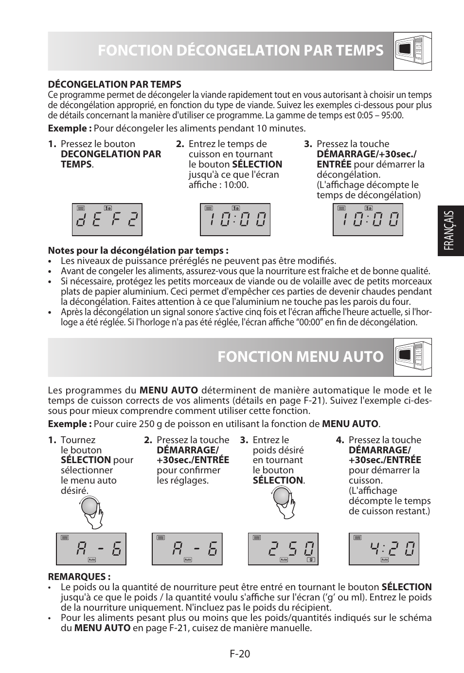 Fonction décongelation par temps, Fonction menu auto, Français | Sharp R-322STWE Four à micro-ondes solo User Manual | Page 71 / 246