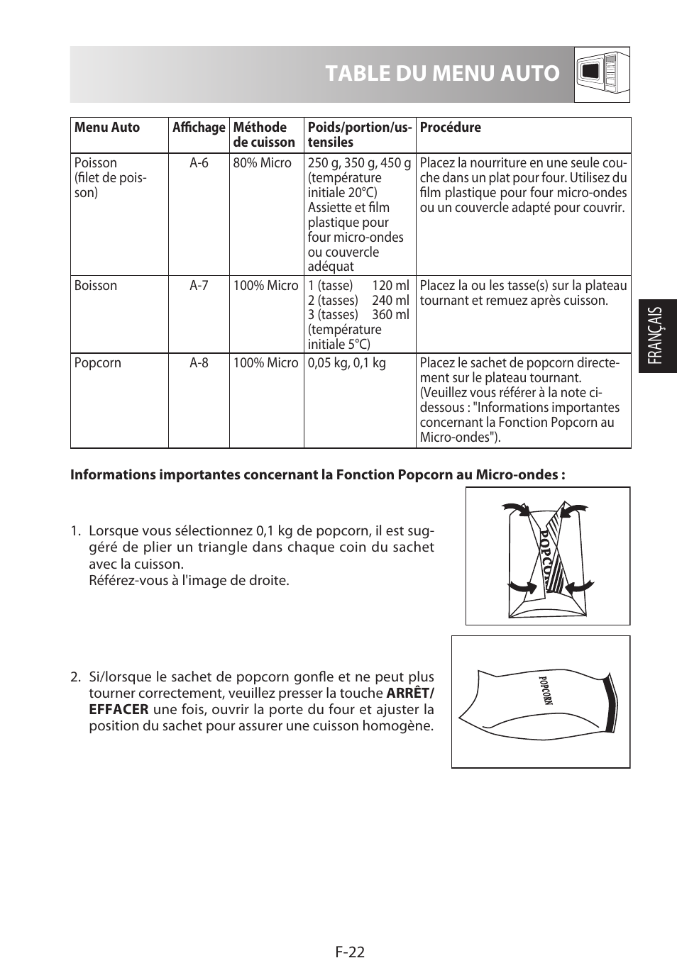 Table du menu auto, Français | Sharp R-322STWE Four à micro-ondes solo User Manual | Page 73 / 246