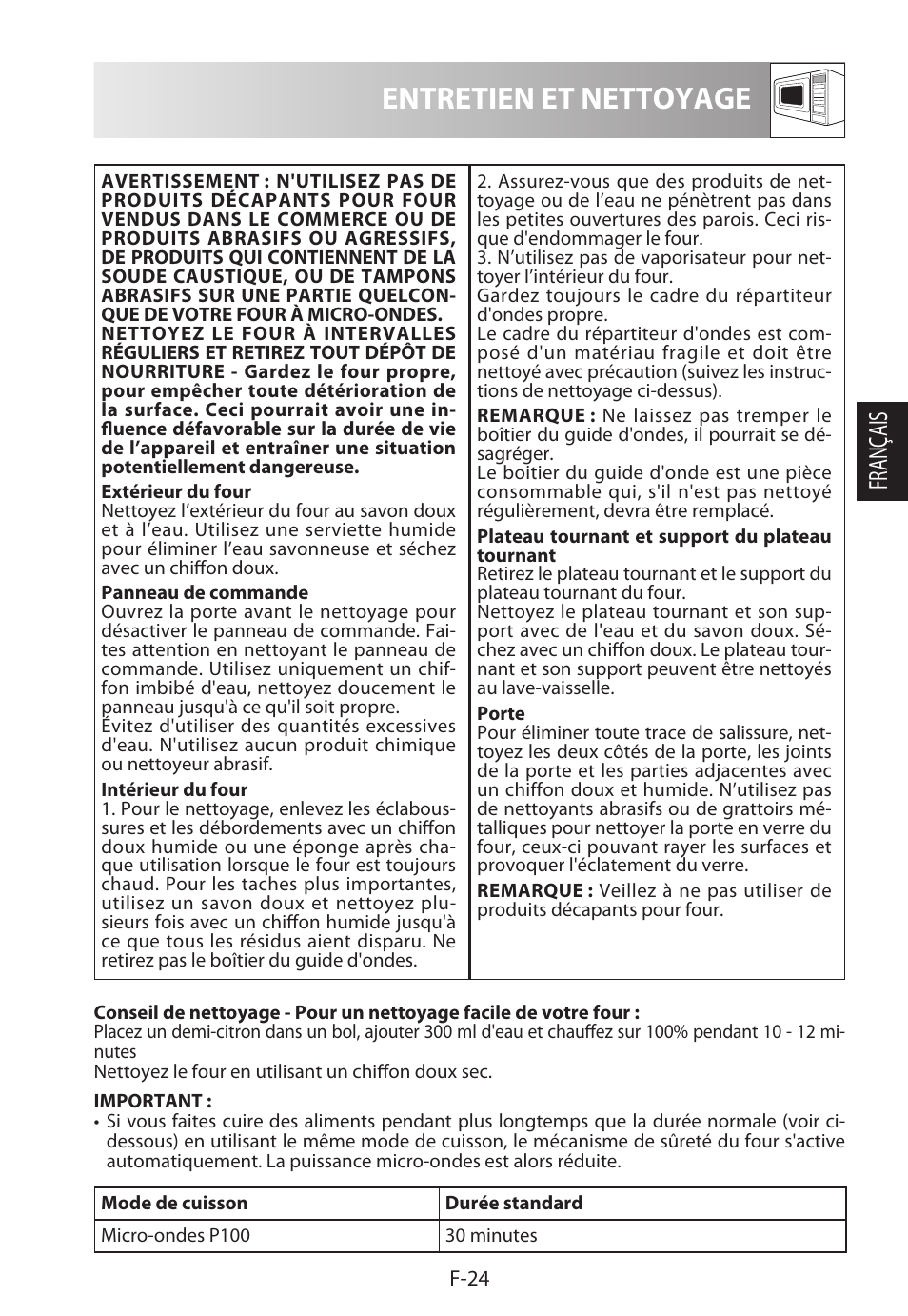Entretien et nettoyage, Français | Sharp R-322STWE Four à micro-ondes solo User Manual | Page 75 / 246