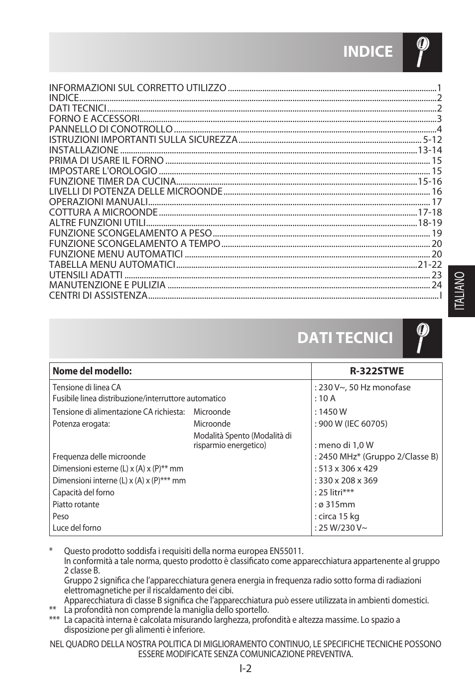 Dati tecnici indice, It aliano | Sharp R-322STWE Four à micro-ondes solo User Manual | Page 77 / 246