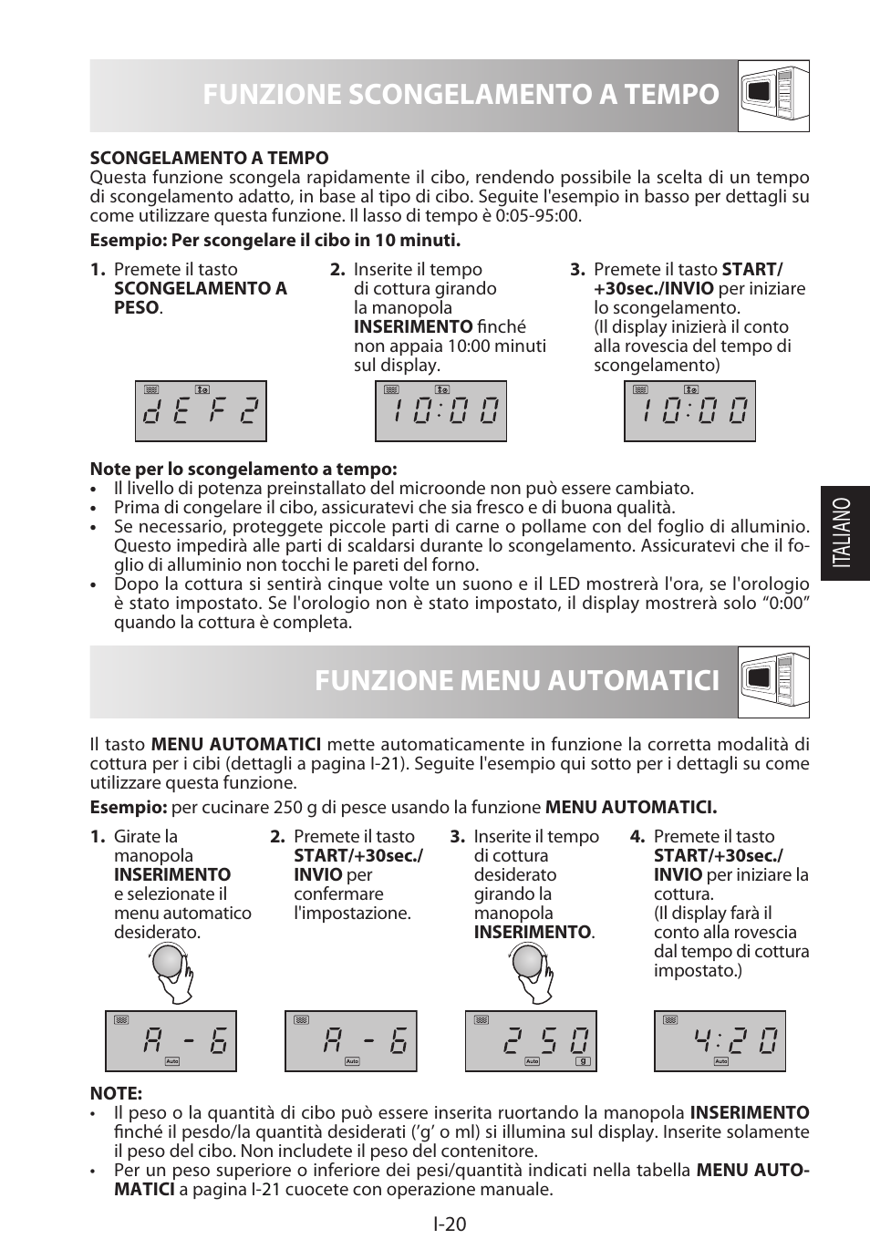 Funzione scongelamento a tempo, Funzione menu automatici, It aliano | Sharp R-322STWE Four à micro-ondes solo User Manual | Page 95 / 246