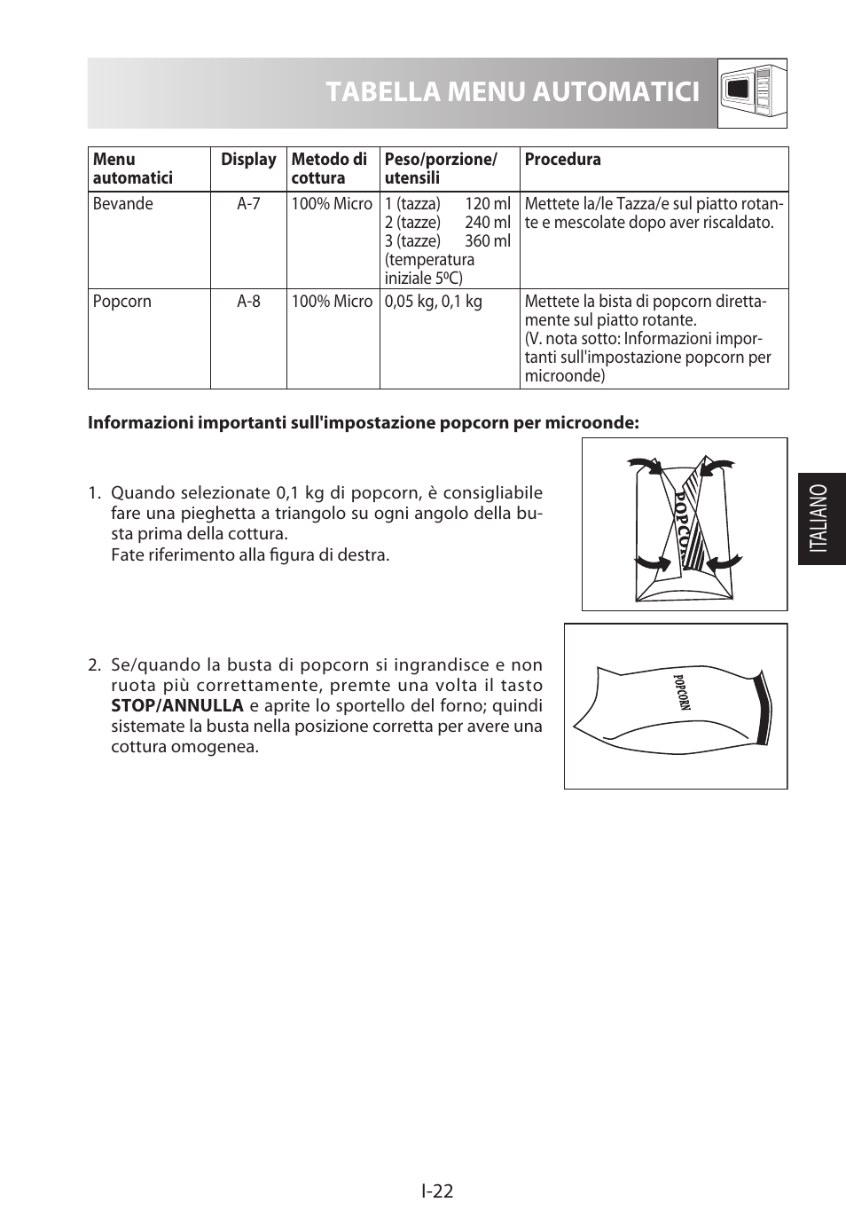 Tabella menu automatici, It aliano | Sharp R-322STWE Four à micro-ondes solo User Manual | Page 97 / 246