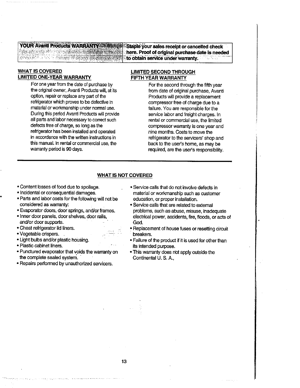 What is covered limited one-year warranty, Limited second through fifth year warranty, What is not covered | Avanti FF100 User Manual | Page 13 / 17