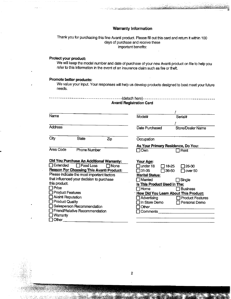 Warranty information, Protect your product, Promote better products | Did you purchase an additional warranty, Your age | Avanti FF100 User Manual | Page 2 / 17