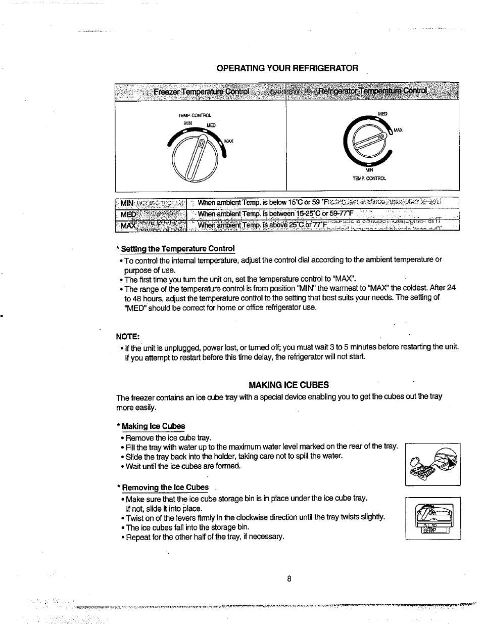 Setting the temperature control, Making ice cubes, Removing the ice cubes | Avanti FF100 User Manual | Page 8 / 17