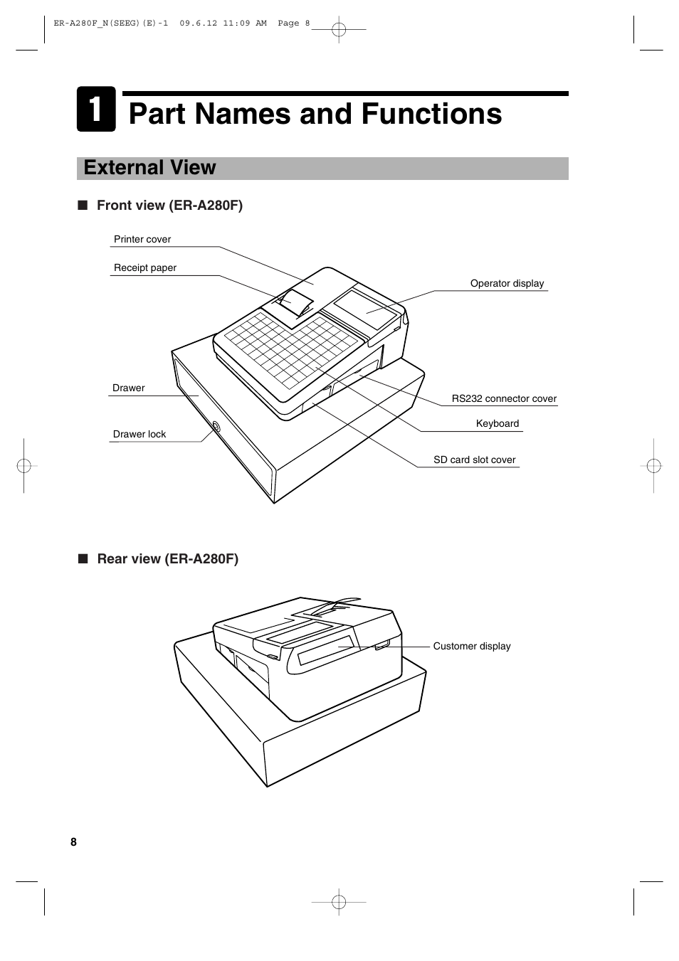 Part names and functions, External view | Sharp ER-A280F User Manual | Page 10 / 188