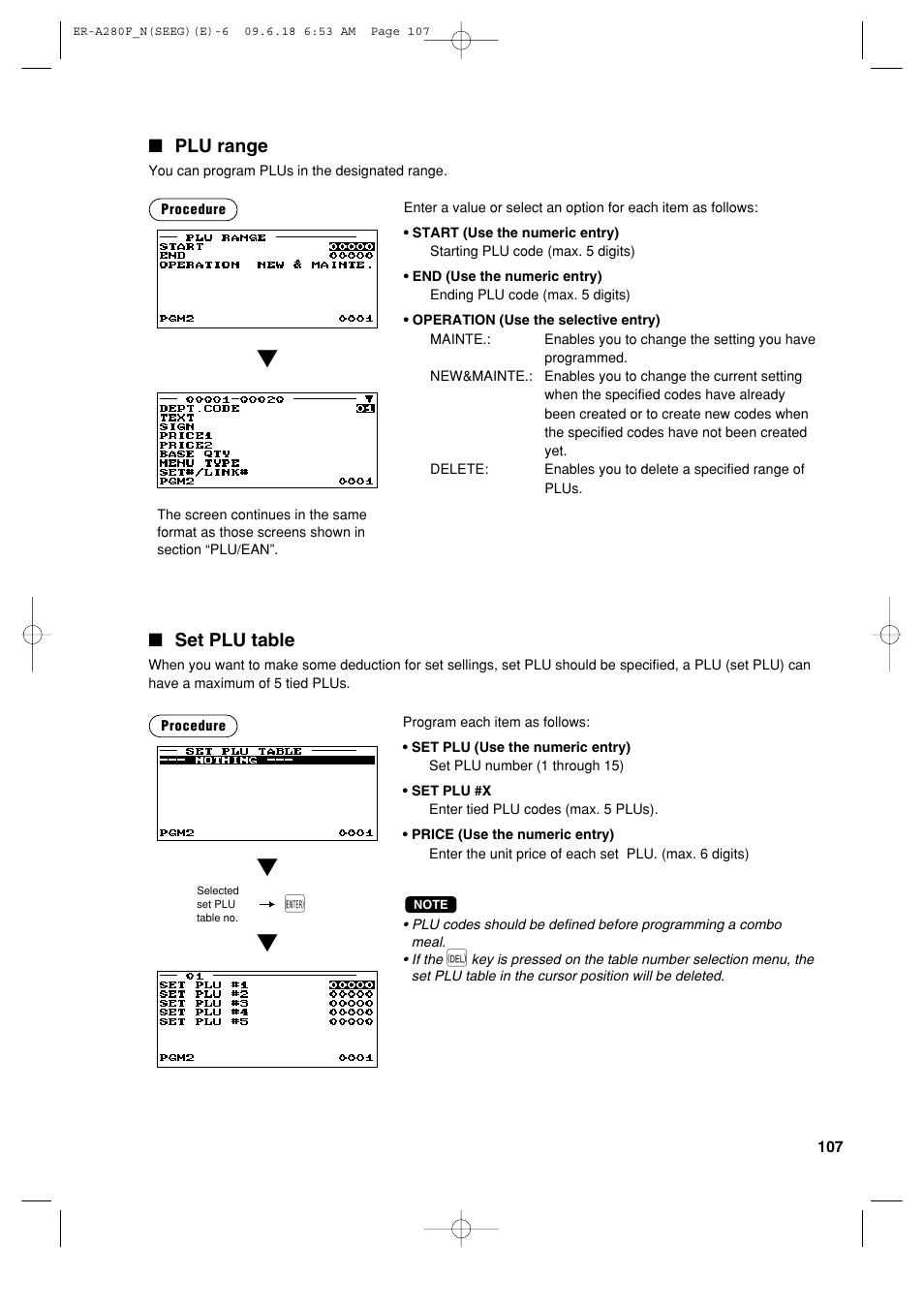 Plu range, Set plu table | Sharp ER-A280F User Manual | Page 109 / 188