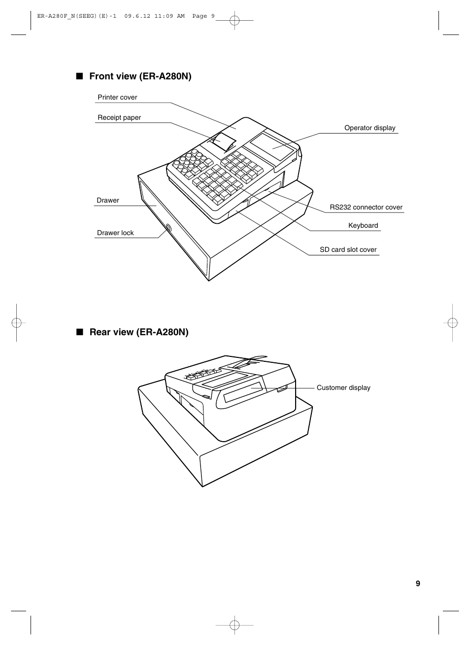 Front view (er-a280n), Rear view (er-a280n) | Sharp ER-A280F User Manual | Page 11 / 188