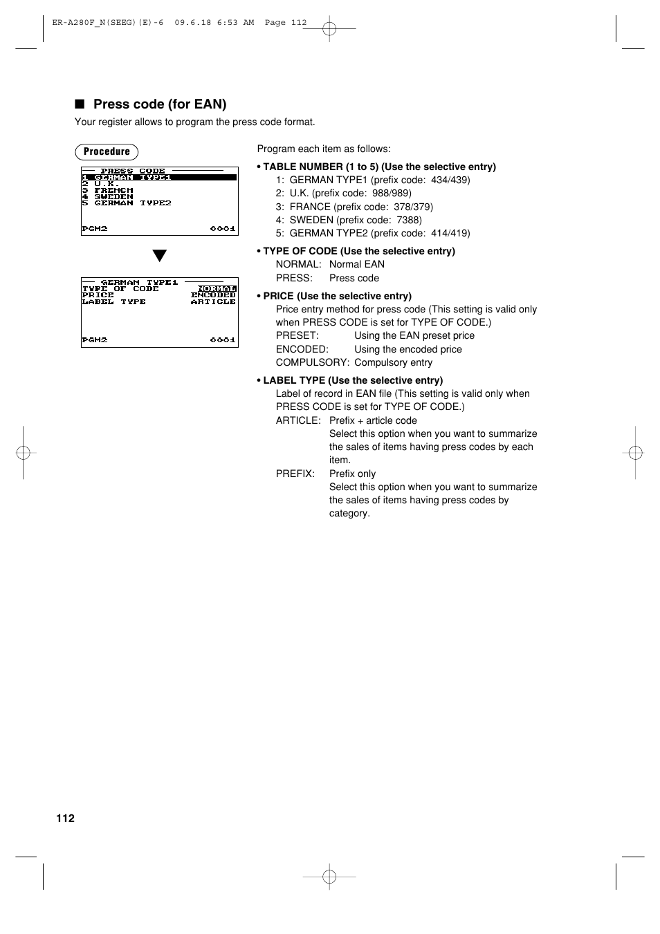 Press code (for ean) | Sharp ER-A280F User Manual | Page 114 / 188