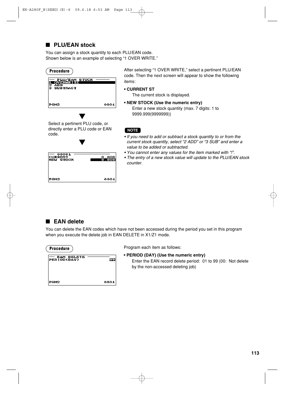 Ean delete, Plu/ean stock | Sharp ER-A280F User Manual | Page 115 / 188