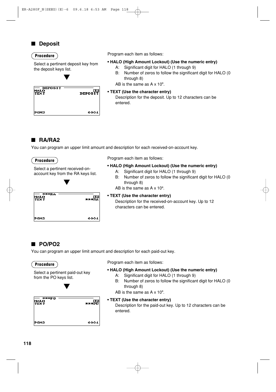 Ra/ra2, Po/po2, Deposit | Sharp ER-A280F User Manual | Page 120 / 188