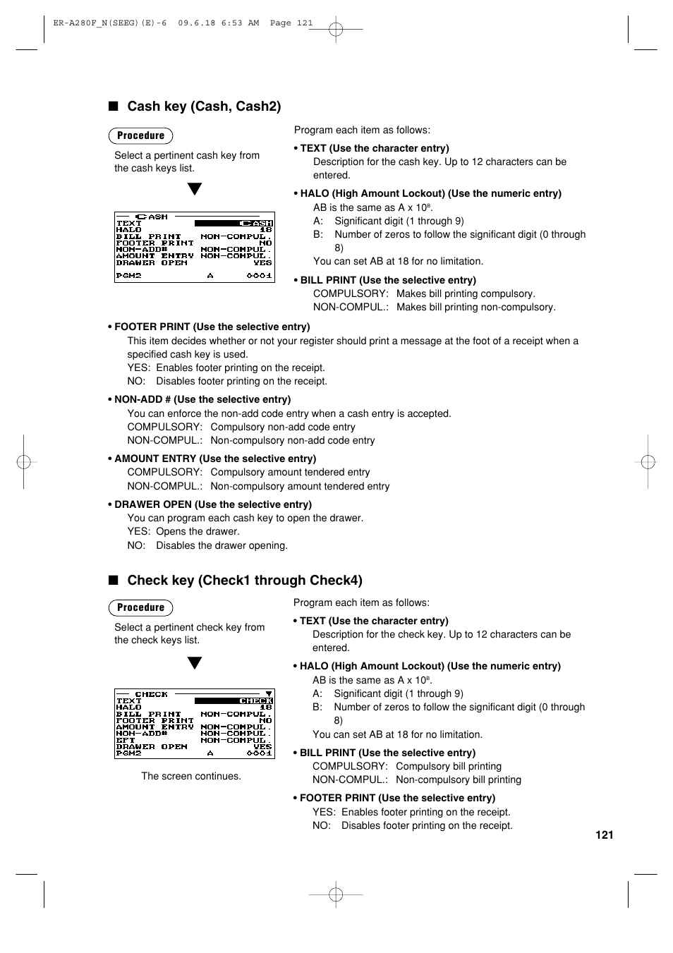 Cash key (cash, cash2), Check key (check1 through check4) | Sharp ER-A280F User Manual | Page 123 / 188