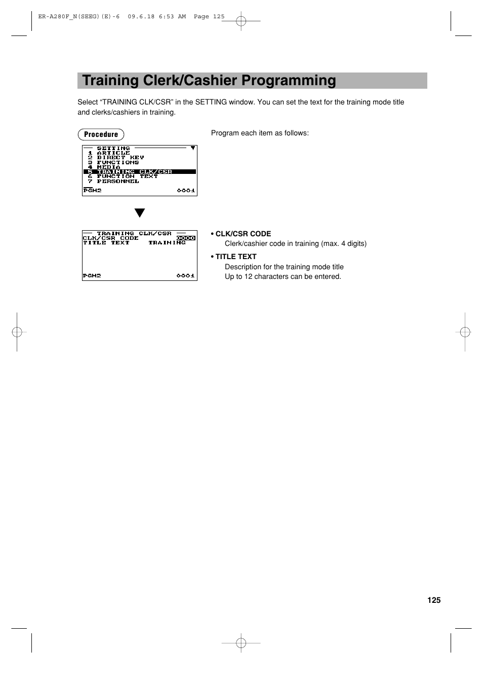 Training clerk/cashier programming | Sharp ER-A280F User Manual | Page 127 / 188