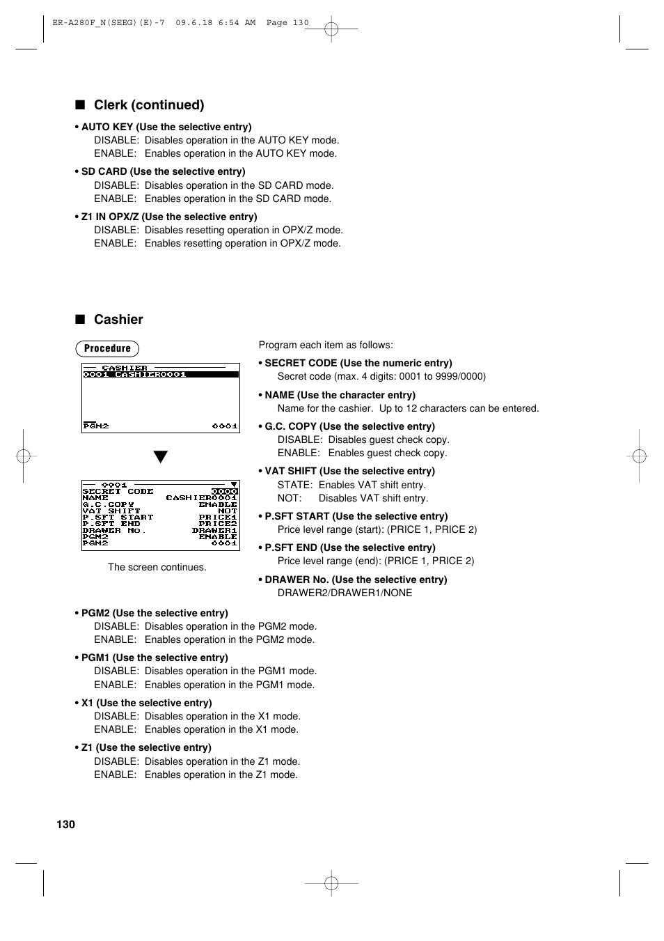 Cashier, Clerk (continued) | Sharp ER-A280F User Manual | Page 132 / 188