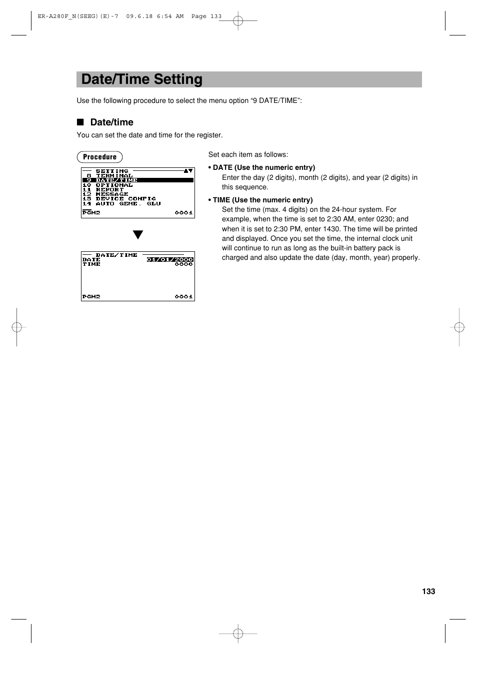 Date/time setting | Sharp ER-A280F User Manual | Page 135 / 188