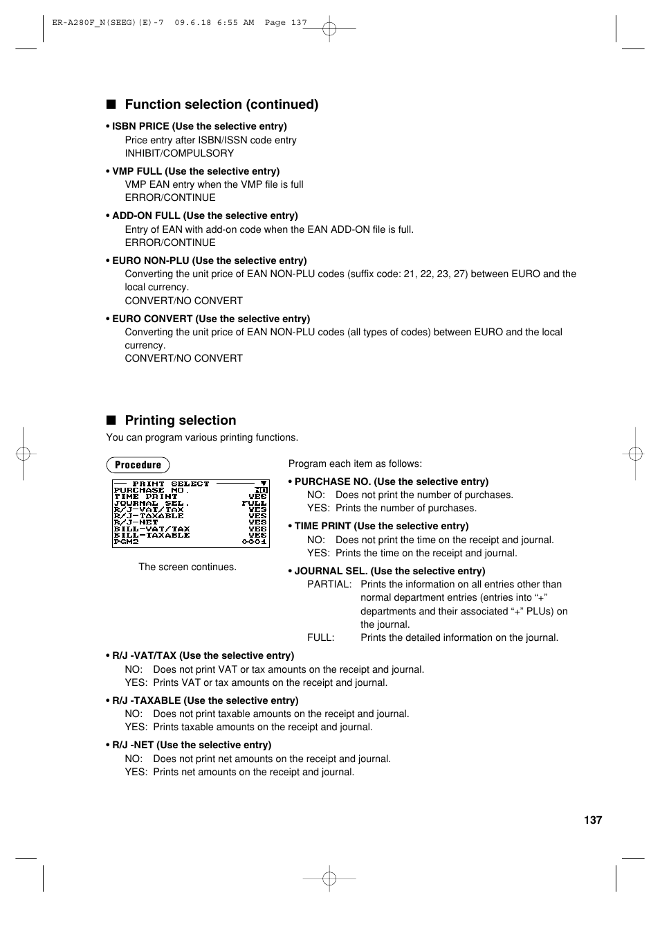 Function selection (continued), Printing selection | Sharp ER-A280F User Manual | Page 139 / 188