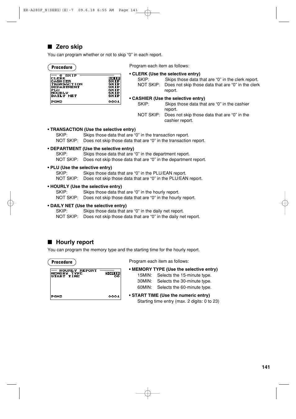 Zero skip, Hourly report | Sharp ER-A280F User Manual | Page 143 / 188